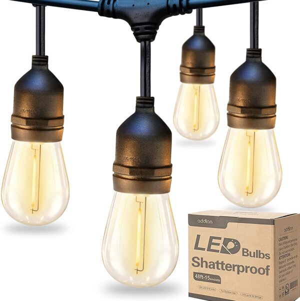 addlon LED Outdoor String Lights 48FT with 2W Dimmable Edison Vintage Shatterproof Bulbs and Commercial Grade Weatherproof Strand - ETL Listed Heavy-Duty Decorative Lights for Patio Garden
