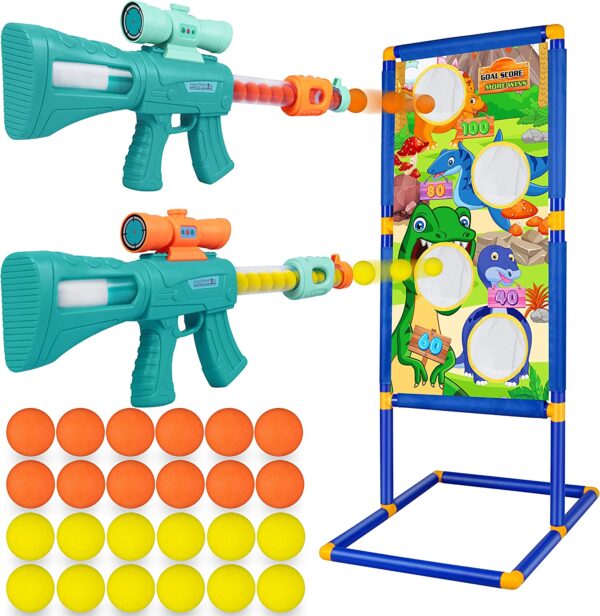 Shooting Game Toys for Boys Age 5 6 7 8 9 10+ Years Old,Foam Popper Guns for 2 Player,Standing Dinosaur Shooting Target & Air Blaster with 24 Foam Bullet Balls Birthday Gift for Kids Girls