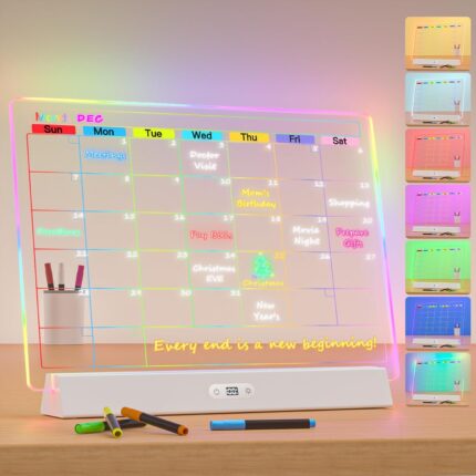 LED Note Board with Colors, Rechargeable 9-Mode Light Up Acrylic Dry Erase Board Calendar, 14"X10" Neon Glow Desk Calendar Monthly Planner for Home/Bedroom/Store/Office/Gift, 7 Markers White